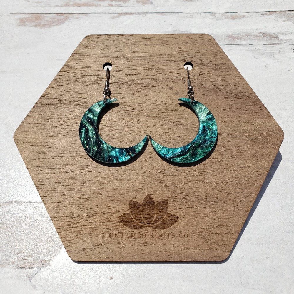 Celestial Moon Dangle Earrings, Midnight Emerald Galaxy Swirl, Acrylic, Handmade